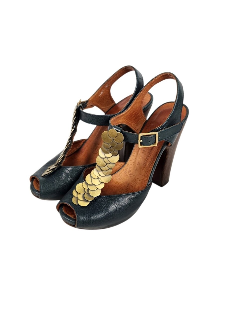 Chie Mihara Navy Blue Leather Brass Circle Block Heel Womens Size 36.5 Size 6.5